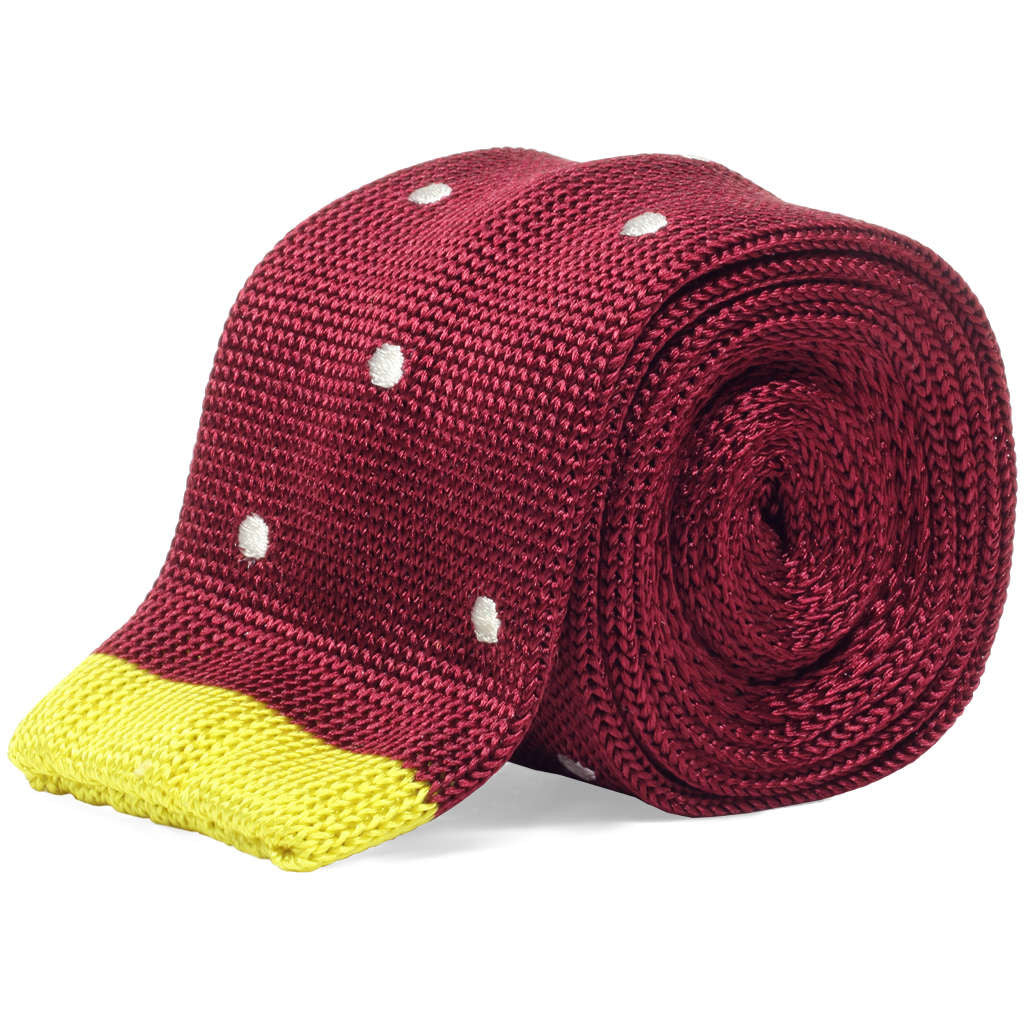 Dark red silk knit tie with white dot pattern by Soxfords