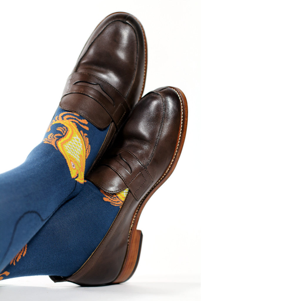 Fishing themed over-the-calf dress socks in navy blue Pima cotton