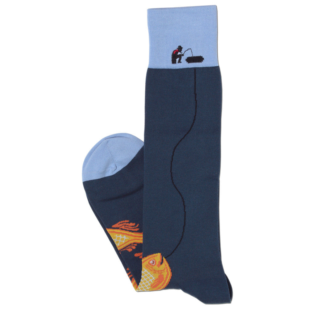 Fishing themed dress socks in navy blue Pima cottonFishing themed over-the-calf dress socks in navy blue Pima cotton