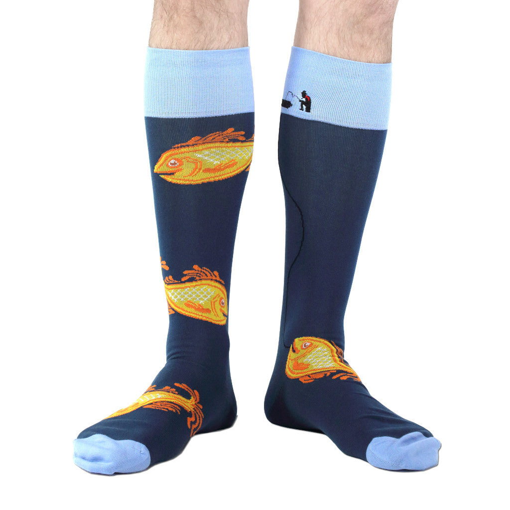 Fishing themed over-the-calf dress socks in navy blue Pima cotton