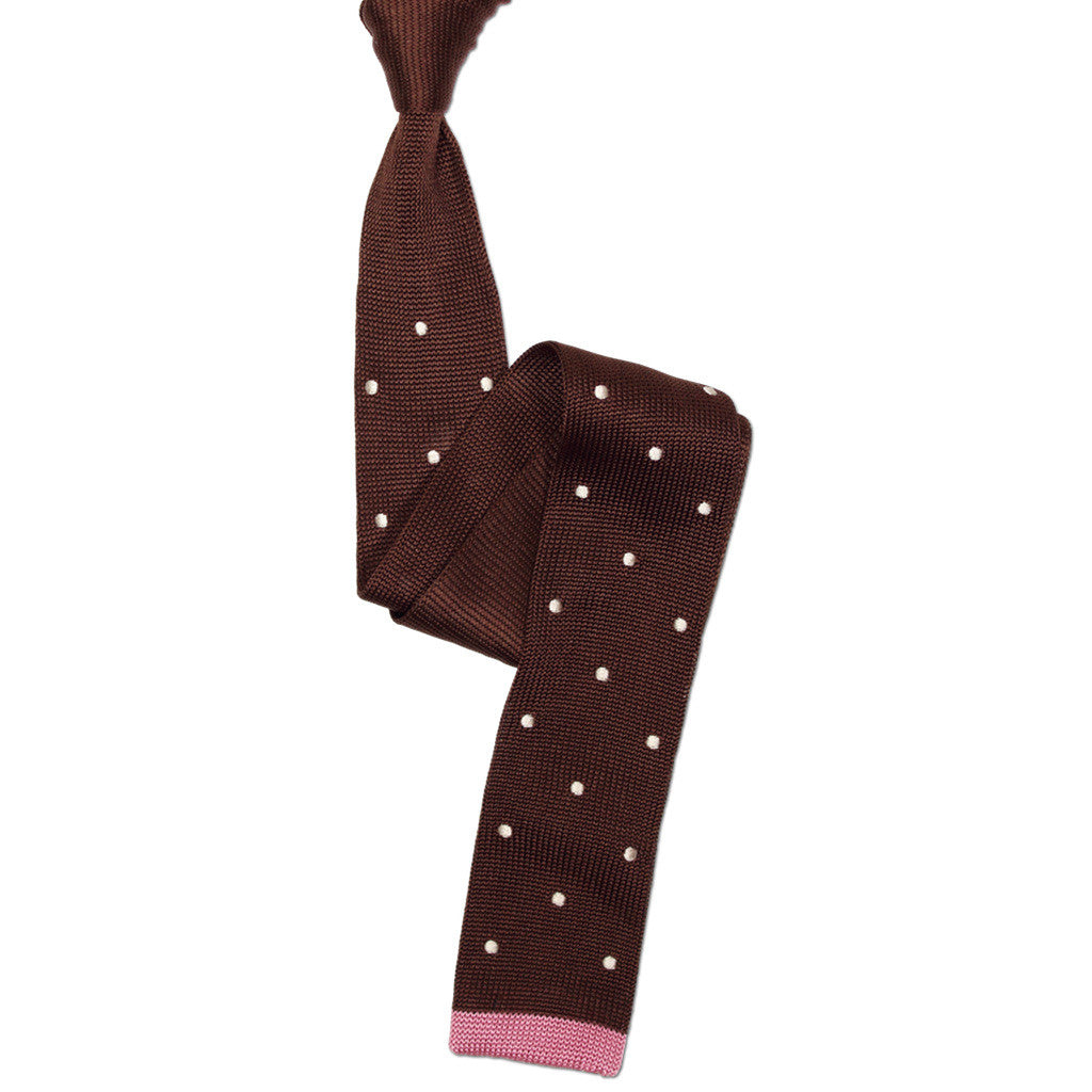 Brown silk knit tie with white pin dot pattern by Soxfords