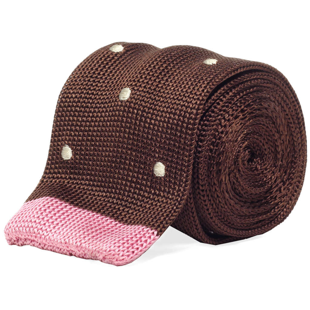 Brown silk knit tie with white pin dot pattern by Soxfords