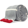 Light grey silk knit tie with white stripes and red accent tip by Soxfords