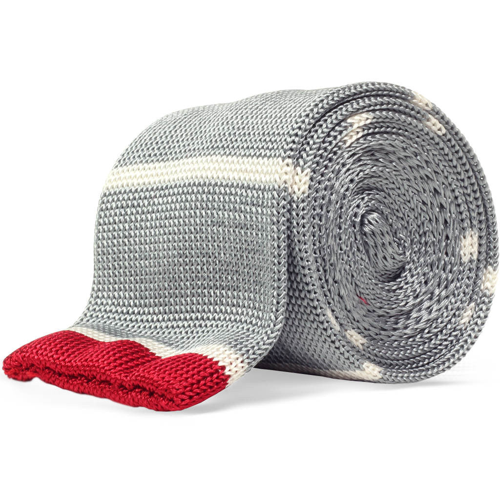 Light grey silk knit tie with white stripes and red accent tip by Soxfords