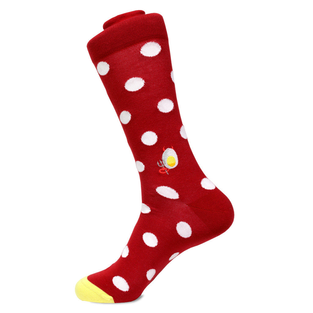 Women's Red Polka Dotted Pima Cotton Socks with Deviled Egg Embroidery