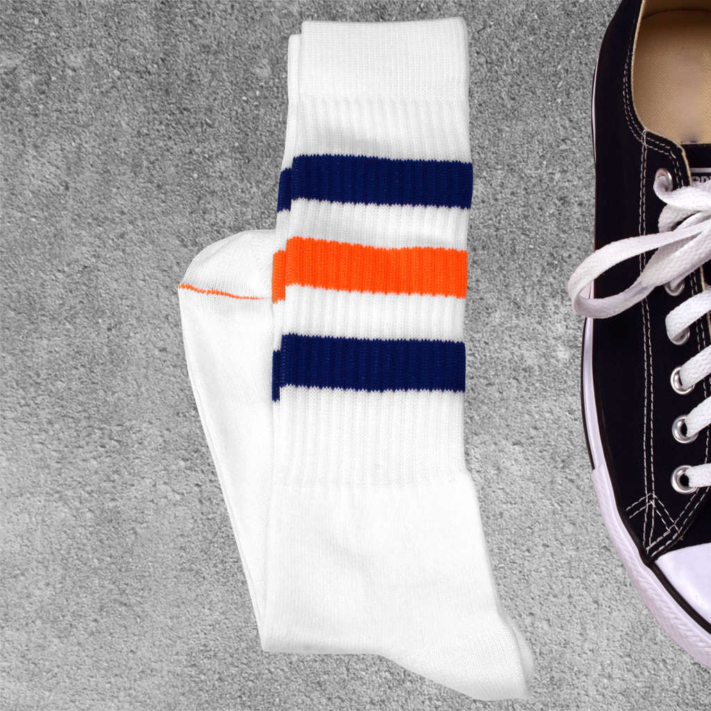 Pima cotton luxury gym socks. White with blue and yellow stripes.