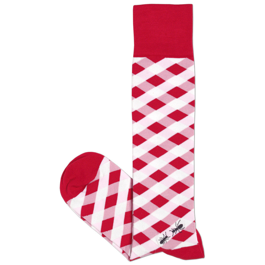 Picnic themed red and white checked Pima cotton dress socks with ant embroidery.