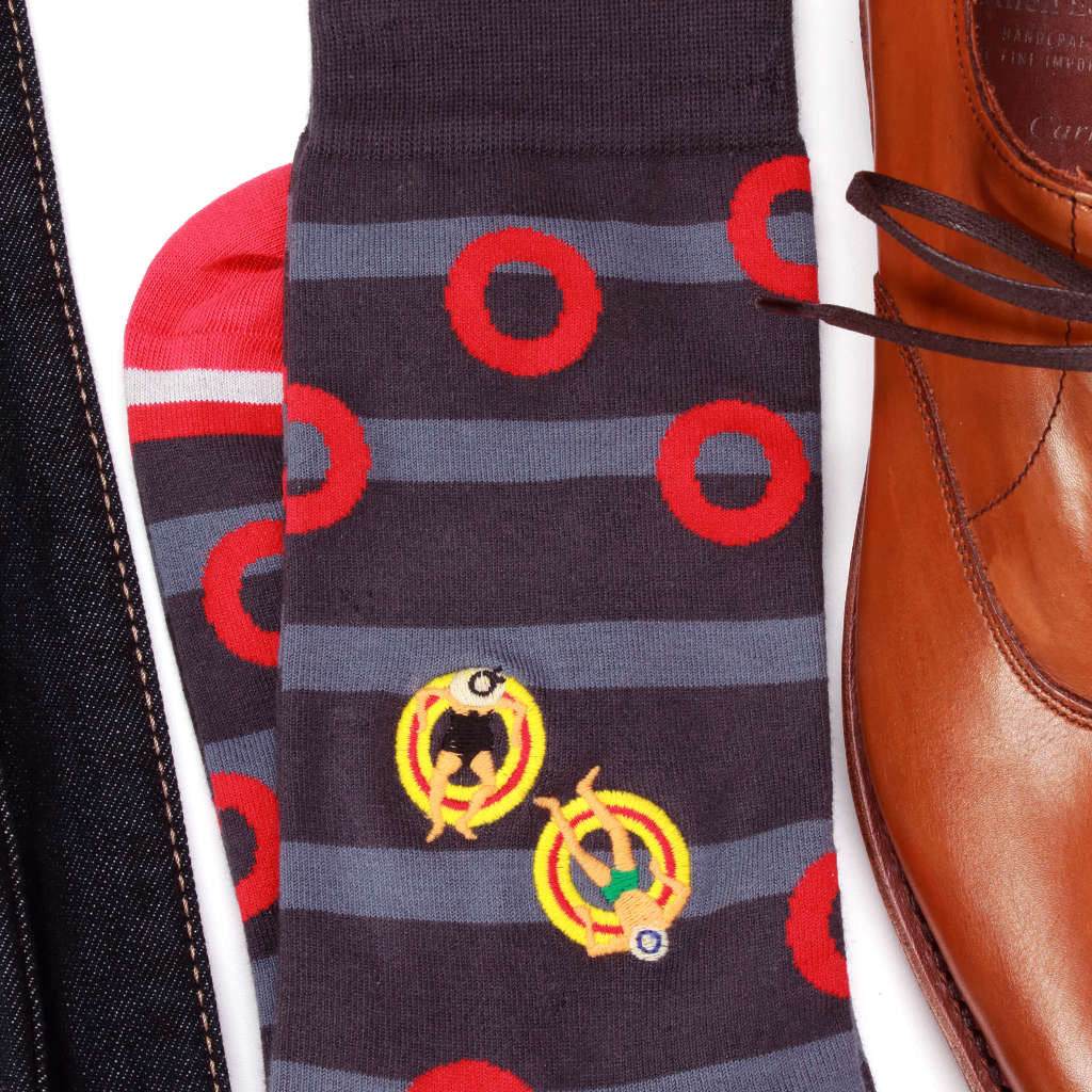 Grey Striped Pima Cotton Socks with River Rafting Embroidery