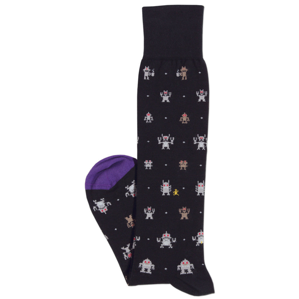 Black over-the-calf Pima cotton dress socks with detailed Robots pattern