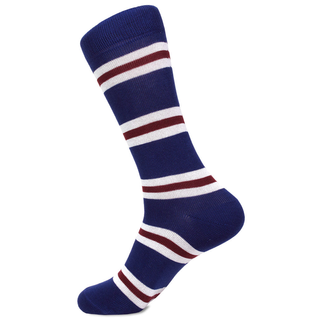 Dark blue Pima cotton men's socks with maroon and white stripes