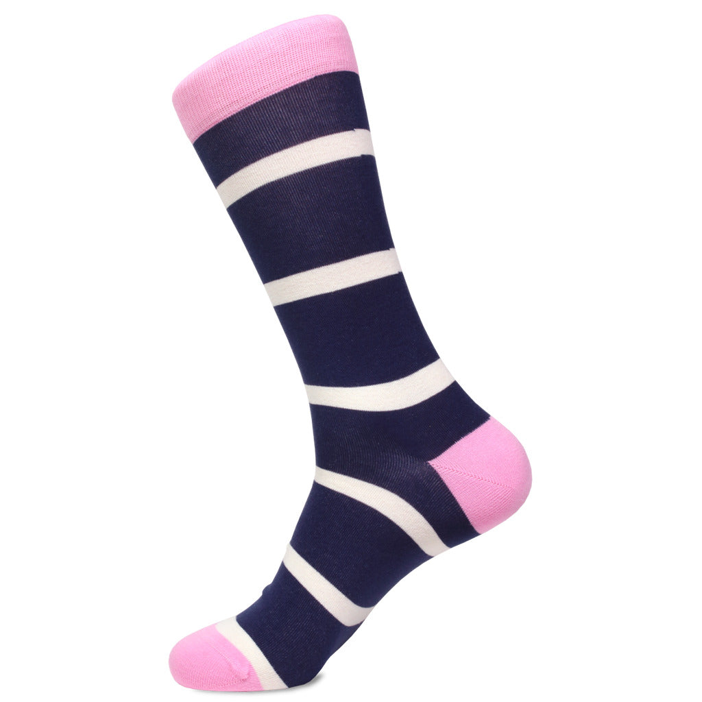 Women's navy blue Pima socks with white stripes and pink accents by Soxfords