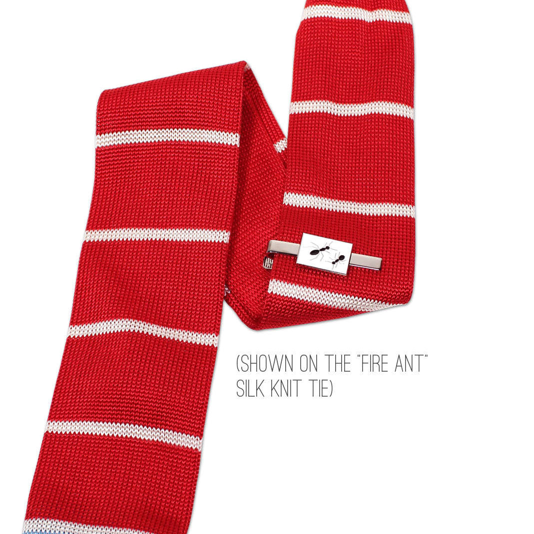 Ant themed tie bar on silk knit tie