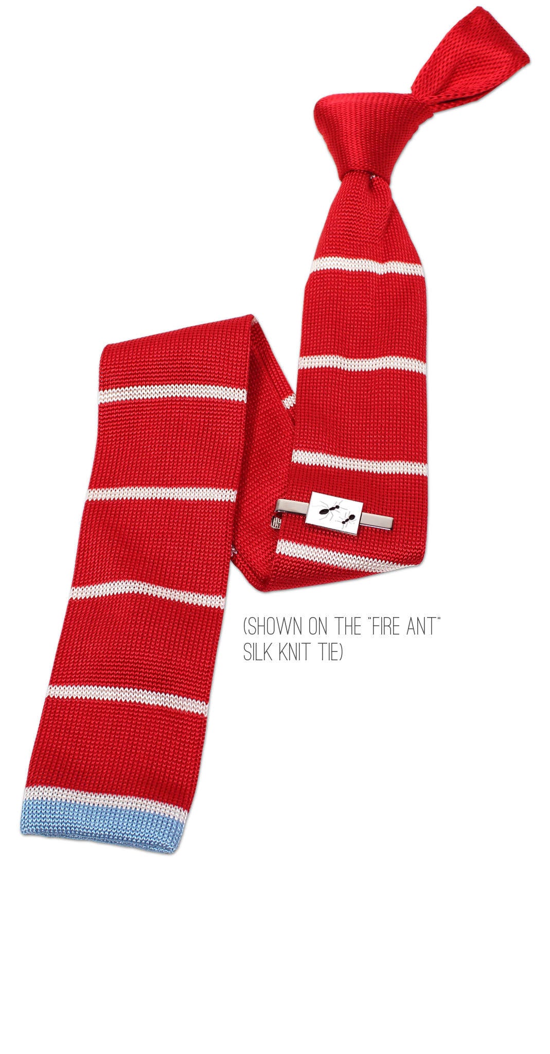 Ant themed tie bar on silk knit tie