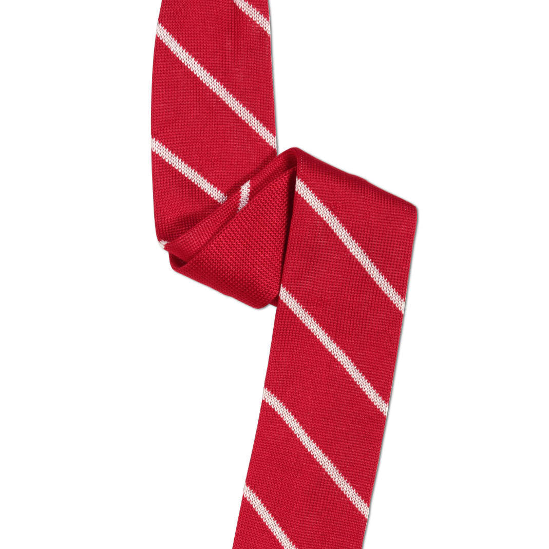 Red Skinny Silk Pointed-Tip Knit Tie with White Stripes