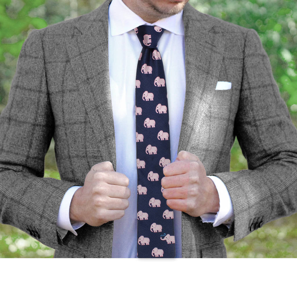 Pink Elephant Patterned Silk Embroidered Necktie, Made in the USA by Soxfords